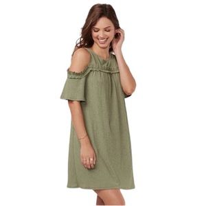 Andree by Unit Plus Size 1X Cold Shoulder Dress Green Ruffle Keyhole Back EUC